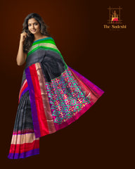 Black Pochampally Ikat Saree with Multi-Color Border and Ganga Jamuna Kanchi Pallu