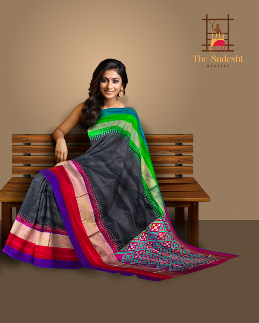 Black Pochampally Ikat Saree with Multi-Color Border and Ganga Jamuna Kanchi Pallu