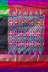 Black Pochampally Ikat Saree with Multi-Color Border and Ganga Jamuna Kanchi Pallu