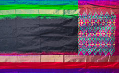 Black Pochampally Ikat Saree with Multi-Color Border and Ganga Jamuna Kanchi Pallu