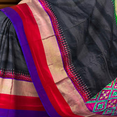 Black Pochampally Ikat Saree with Multi-Color Border and Ganga Jamuna Kanchi Pallu