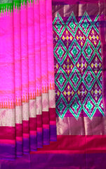 Pink Pochampally Ikat Saree with Multi-Color Border and Ganga Jamuna Kanchi Pallu