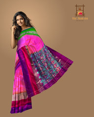 Pink Pochampally Ikat Saree with Multi-Color Border and Ganga Jamuna Kanchi Pallu