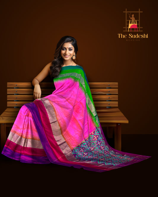 Pink Pochampally Ikat Saree with Multi-Color Border and Ganga Jamuna Kanchi Pallu