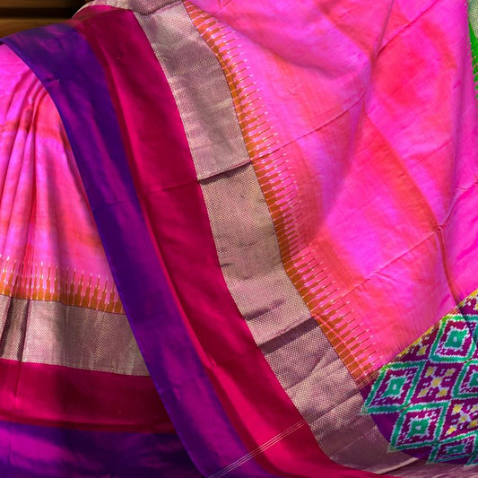 Pink Pochampally Ikat Saree with Multi-Color Border and Ganga Jamuna Kanchi Pallu