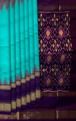 Rama Blue Pochampally Ikat Saree with Violet Border and Pallu