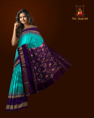 Rama Blue Pochampally Ikat Saree with Violet Border and Pallu