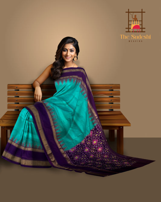 Rama Blue Pochampally Ikat Saree with Violet Border and Pallu