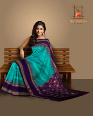 Rama Blue Pochampally Ikat Saree with Violet Border and Pallu