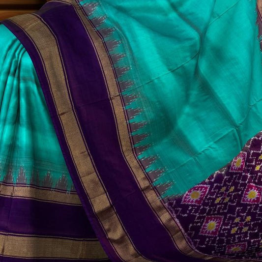 Rama Blue Pochampally Ikat Saree with Violet Border and Pallu