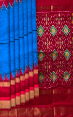 Blue Pochampally Ikat Saree with Red Border and Pallu