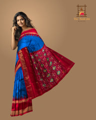 Blue Pochampally Ikat Saree with Red Border and Pallu