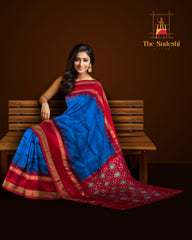Blue Pochampally Ikat Saree with Red Border and Pallu