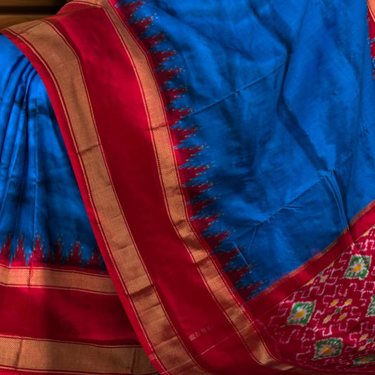 Blue Pochampally Ikat Saree with Red Border and Pallu