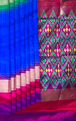 Blue Pochampally Ikat Saree with Multi-Color Border and Ganga Jamuna Kanchi traditional Pallu