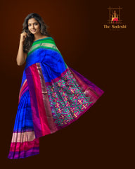 Blue Pochampally Ikat Saree with Multi-Color Border and Ganga Jamuna Kanchi traditional Pallu
