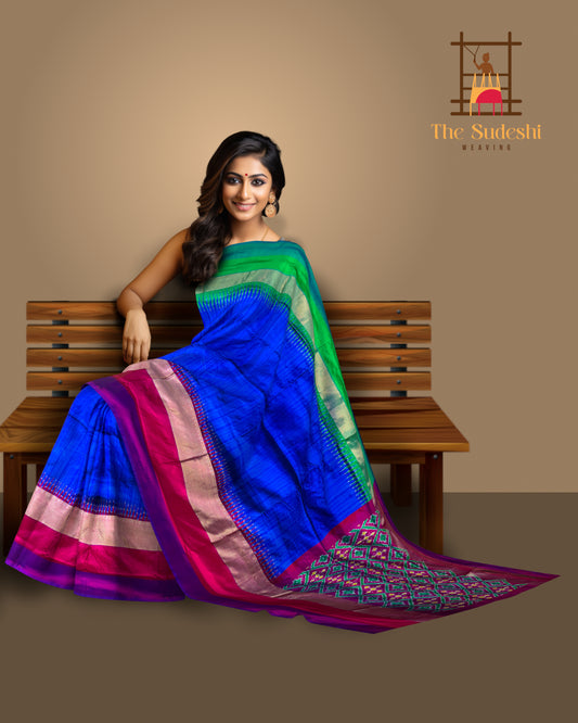 Blue Pochampally Ikat Saree with Multi-Color Border and Ganga Jamuna Kanchi traditional Pallu