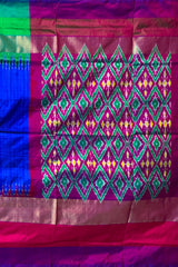 Blue Pochampally Ikat Saree with Multi-Color Border and Ganga Jamuna Kanchi traditional Pallu