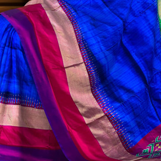 Blue Pochampally Ikat Saree with Multi-Color Border and Ganga Jamuna Kanchi traditional Pallu