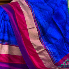 Blue Pochampally Ikat Saree with Multi-Color Border and Ganga Jamuna Kanchi traditional Pallu