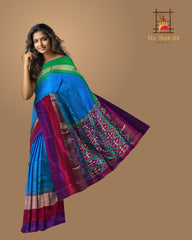 Blue Pochampally Ikat Saree with Multi-Color Border and Ganga Jamuna Kanchi Pallu