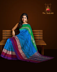 Blue Pochampally Ikat Saree with Multi-Color Border and Ganga Jamuna Kanchi Pallu