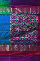 Blue Pochampally Ikat Saree with Multi-Color Border and Ganga Jamuna Kanchi Pallu