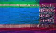 Blue Pochampally Ikat Saree with Multi-Color Border and Ganga Jamuna Kanchi Pallu