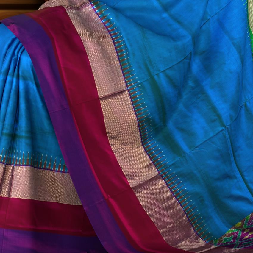 Blue Pochampally Ikat Saree with Multi-Color Border and Ganga Jamuna Kanchi Pallu