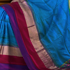 Blue Pochampally Ikat Saree with Multi-Color Border and Ganga Jamuna Kanchi Pallu