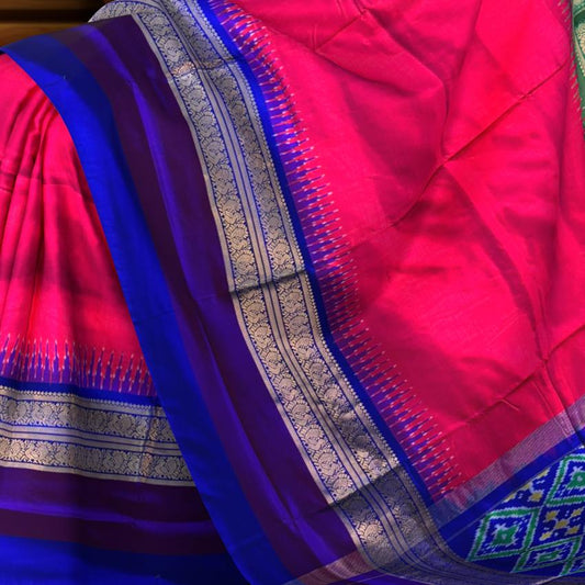 Pink Pochampally Ikat Saree with Multi-Color Border and Blue Pallu