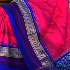 Pink Pochampally Ikat Saree with Multi-Color Border and Blue Pallu