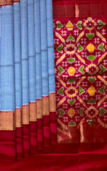Light Blue Pochampally Ikat Saree with Rani Pink Border and Pallu