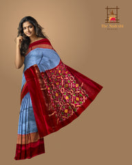 Light Blue Pochampally Ikat Saree with Rani Pink Border and Pallu
