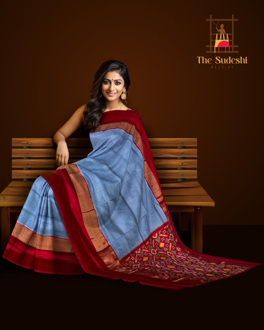 Light Blue Pochampally Ikat Saree with Rani Pink Border and Pallu