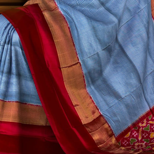 Light Blue Pochampally Ikat Saree with Rani Pink Border and Pallu