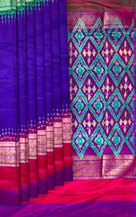 Deep Purple Pochampally Ikat Saree with Multi-Color Border and Ganga Jamuna Kanchi Pallu