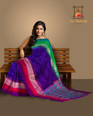 Deep Purple Pochampally Ikat Saree with Multi-Color Border and Ganga Jamuna Kanchi Pallu