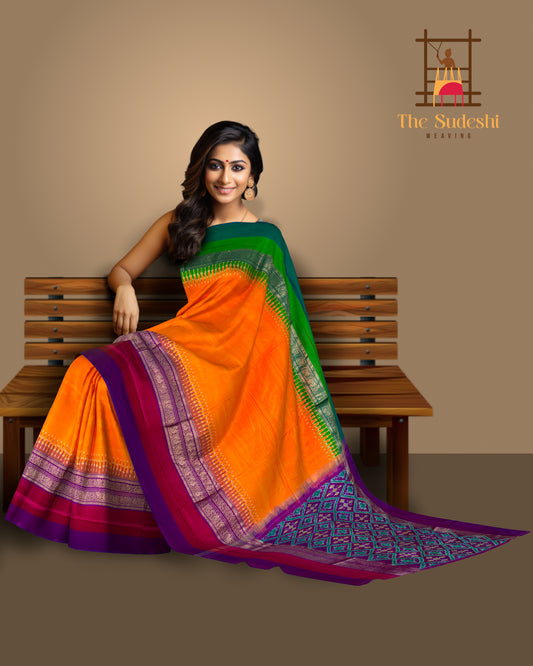 Yellow Pochampally Ikat Saree with Multi-Color Border and Ganga Jamuna Kanchi Pallu