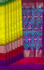 Medium Green Pochampally Ikat Saree with Multi-Color Border and Ganga Jamuna Kanchi Pallu