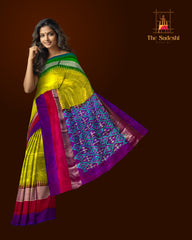 Medium Green Pochampally Ikat Saree with Multi-Color Border and Ganga Jamuna Kanchi Pallu