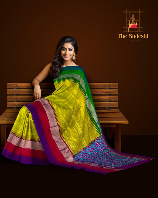 Medium Green Pochampally Ikat Saree with Multi-Color Border and Ganga Jamuna Kanchi Pallu