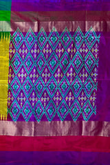 Medium Green Pochampally Ikat Saree with Multi-Color Border and Ganga Jamuna Kanchi Pallu