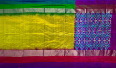 Medium Green Pochampally Ikat Saree with Multi-Color Border and Ganga Jamuna Kanchi Pallu