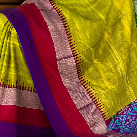 Medium Green Pochampally Ikat Saree with Multi-Color Border and Ganga Jamuna Kanchi Pallu