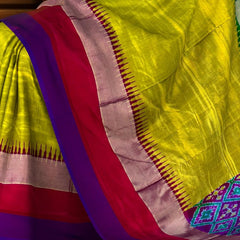 Medium Green Pochampally Ikat Saree with Multi-Color Border and Ganga Jamuna Kanchi Pallu