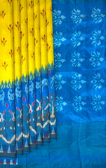 Yellow Pochampally Ikat Saree with Rama Blue Border and Pallu