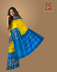 Yellow Pochampally Ikat Saree with Rama Blue Border and Pallu