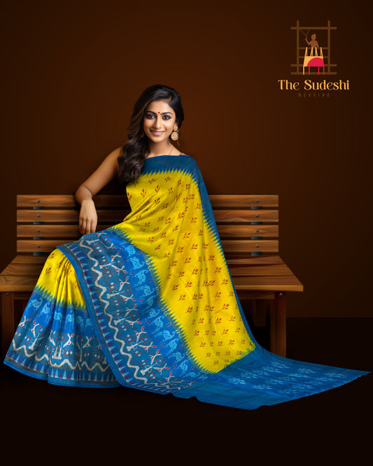 Yellow Pochampally Ikat Saree with Rama Blue Border and Pallu