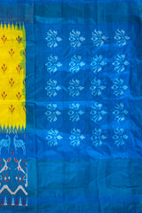 Yellow Pochampally Ikat Saree with Rama Blue Border and Pallu